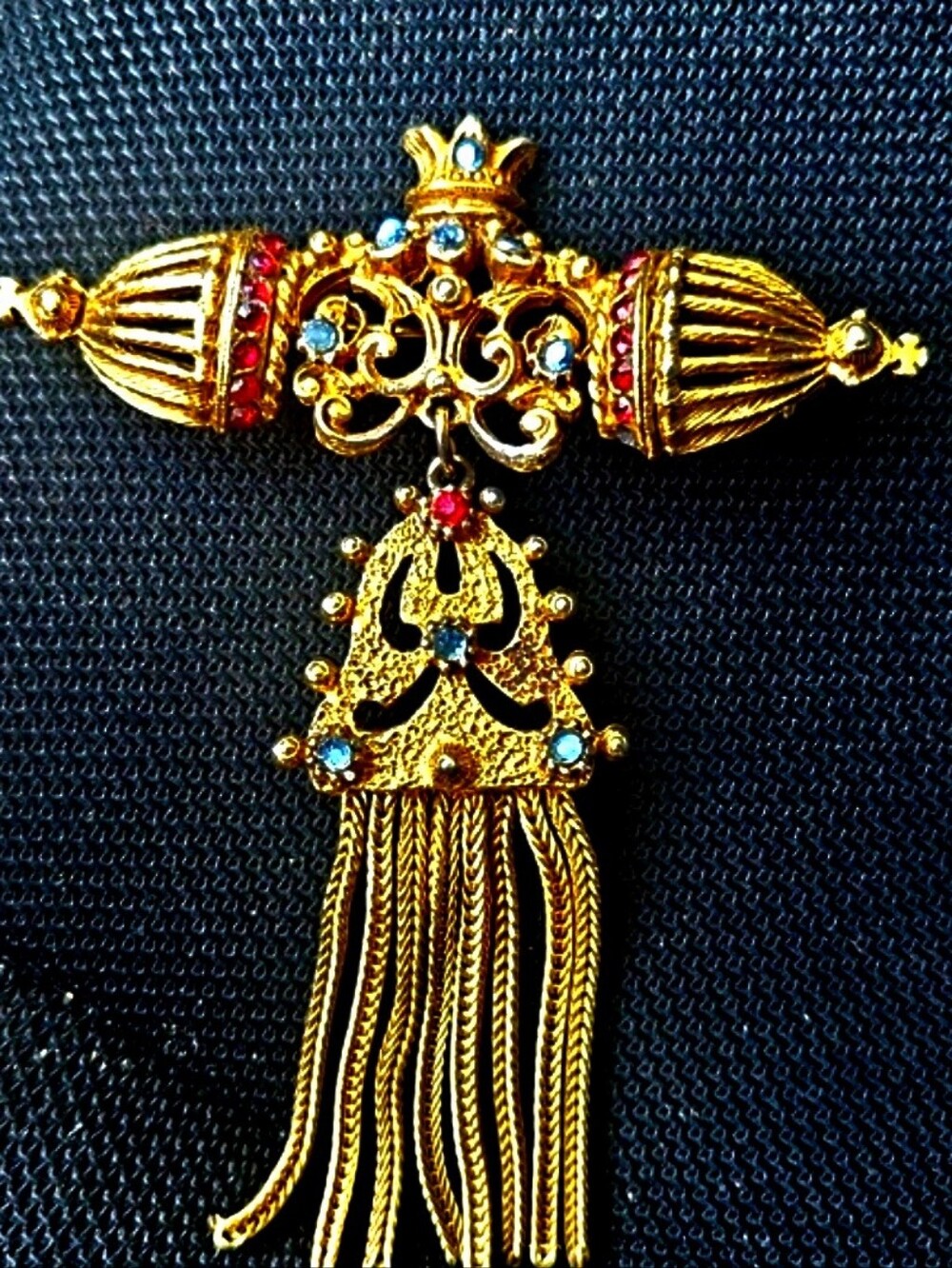 Elegant Gold FLORENZA  Brooch with Red & Blue Stones  VINTAGE